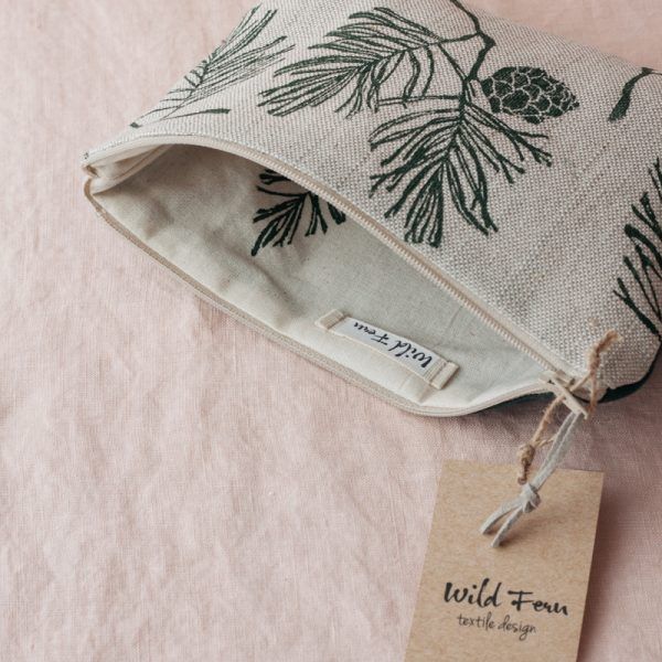 "Pine" Hand-Printed Linen Beauty Pouch