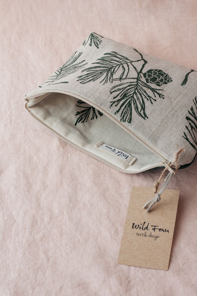 "Pine" Hand-Printed Linen Beauty Pouch