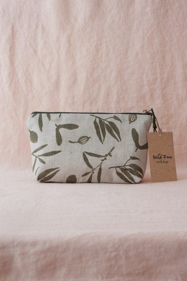 "Olive" Hand-Printed Linen Beauty Pouch