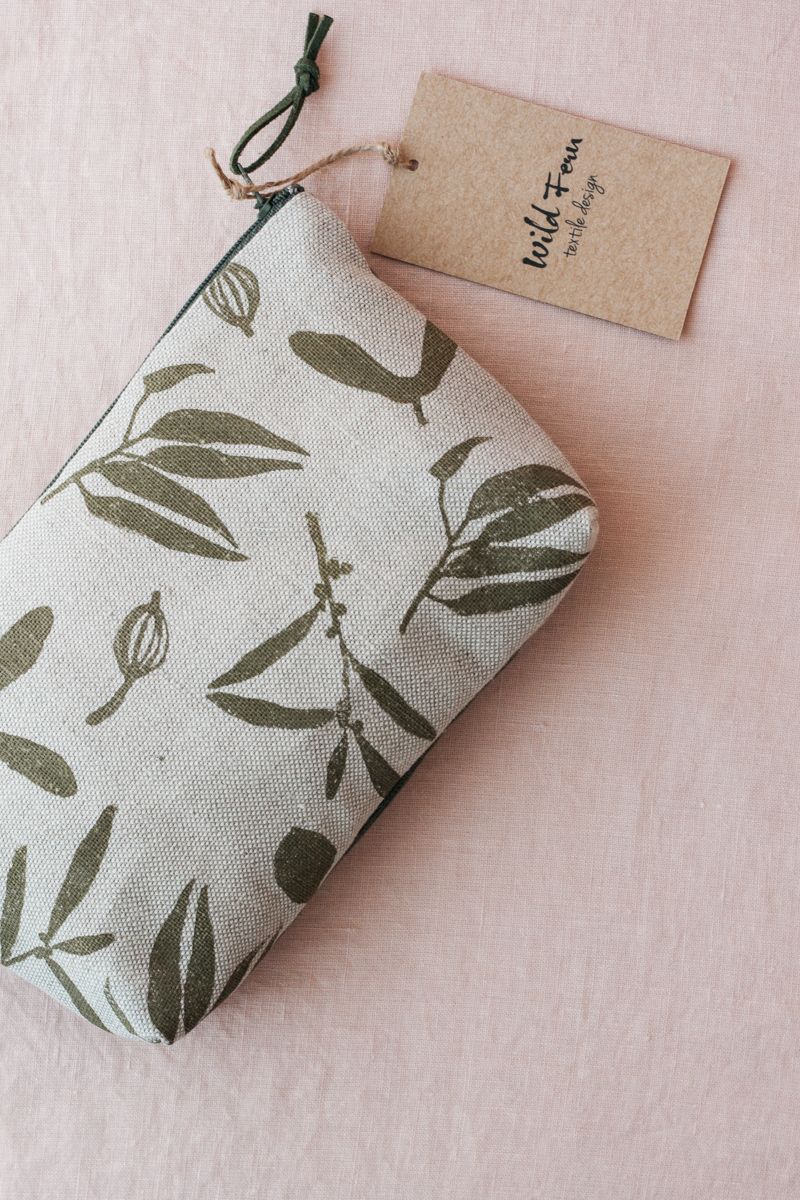 "Olive" Hand-Printed Linen Beauty Pouch