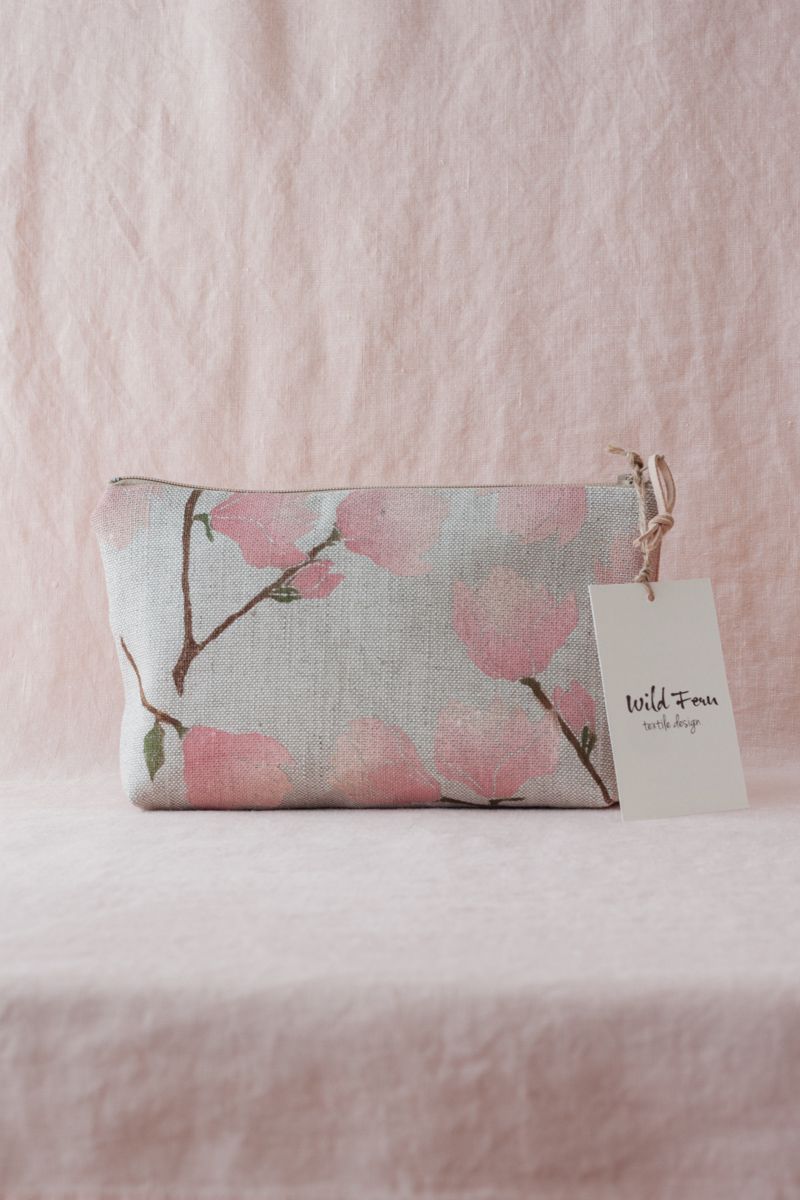 "Magnolia" Hand-Printed Linen Beauty Pouch