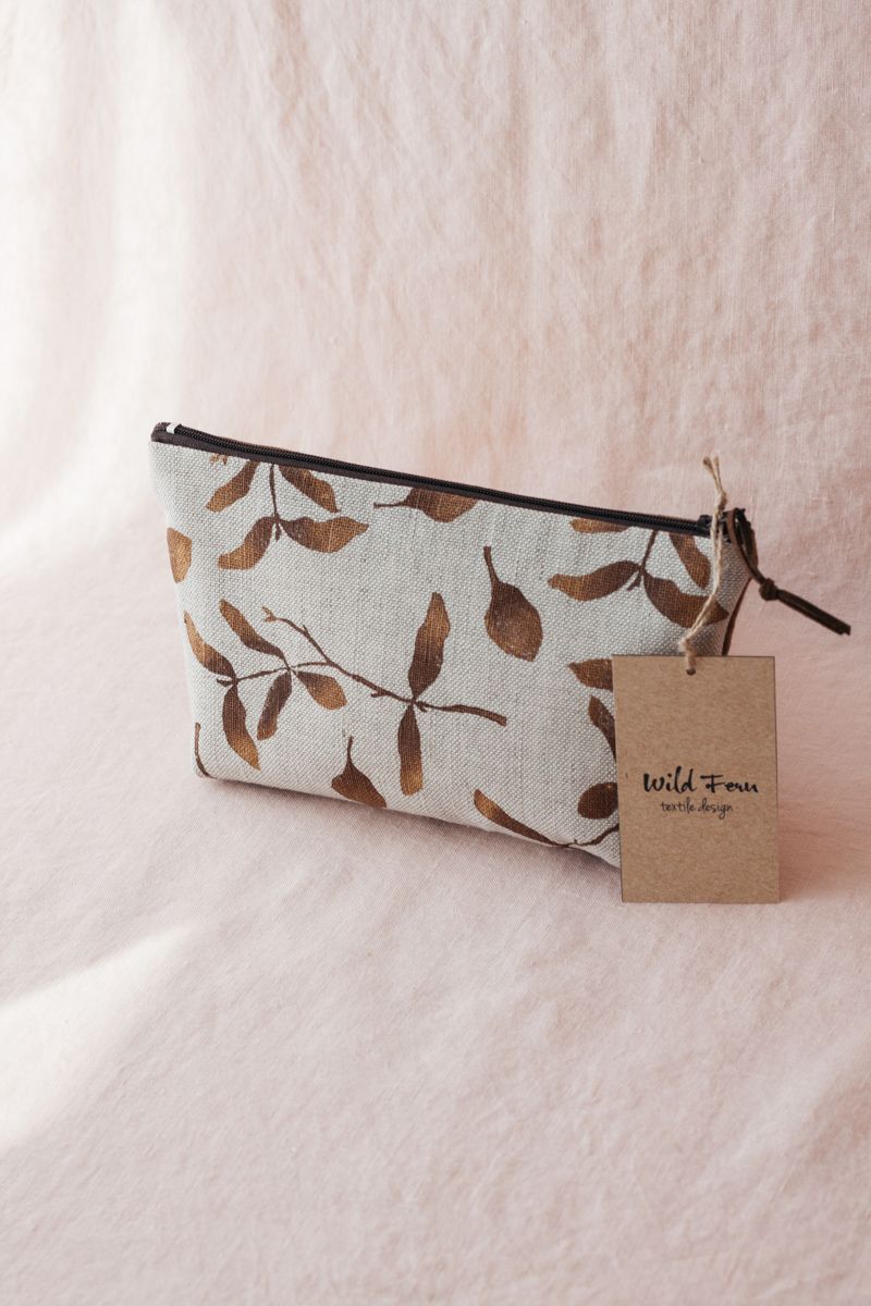 "Gold Botanics" Hand-Printed Linen Beauty Pouch