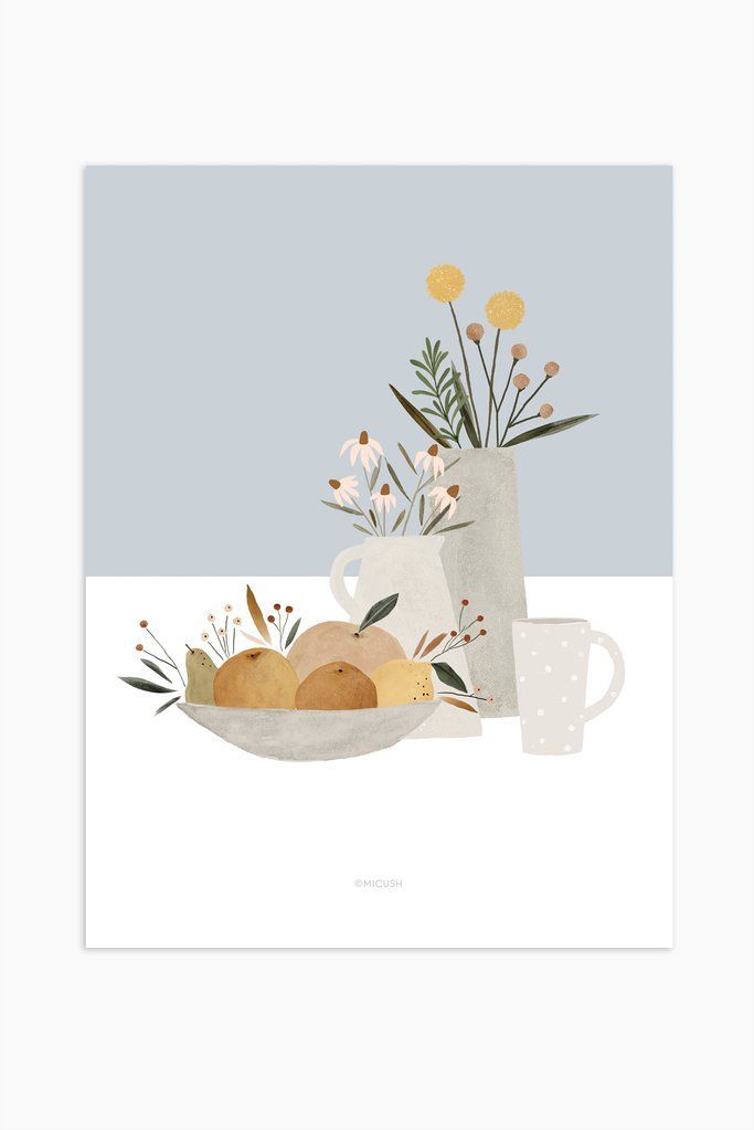 Light Blue Pottery And Flowers Art Print