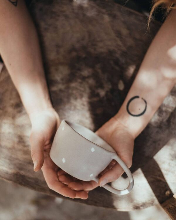 Terra Handmade Ceramic Mug - Matte Grey White Hearts