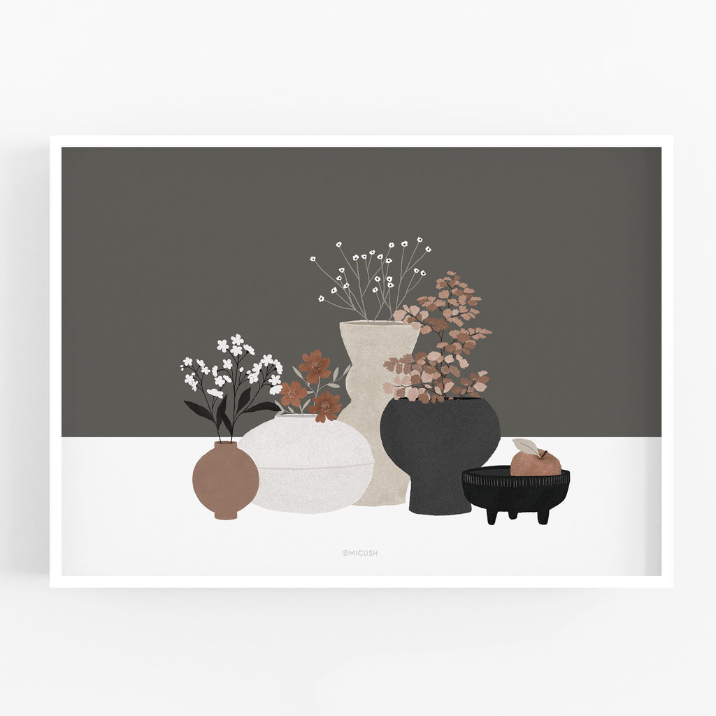 Brown Pottery And Flowers Art Print
