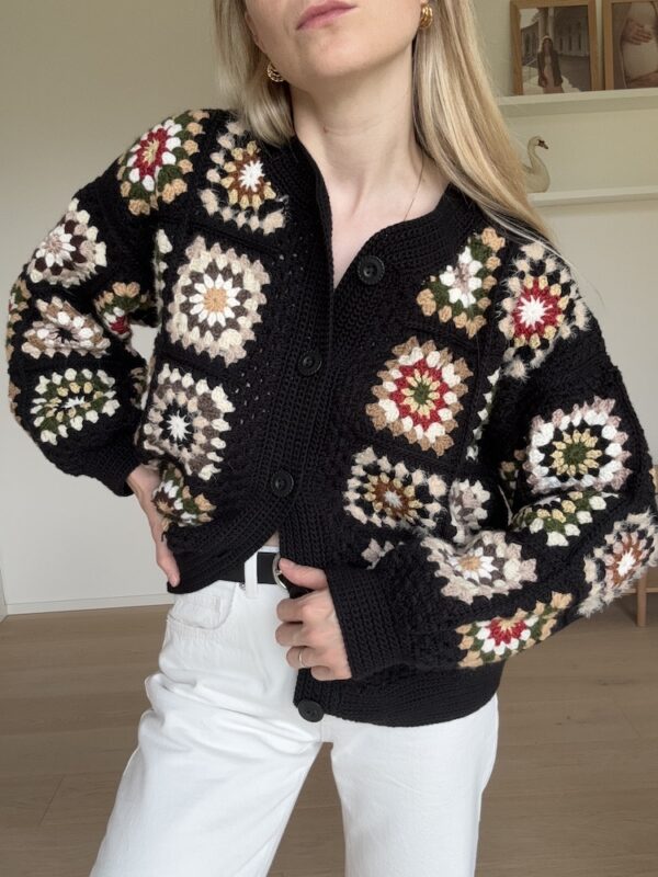 Black Granny Square Crochet Cardigan Jacket