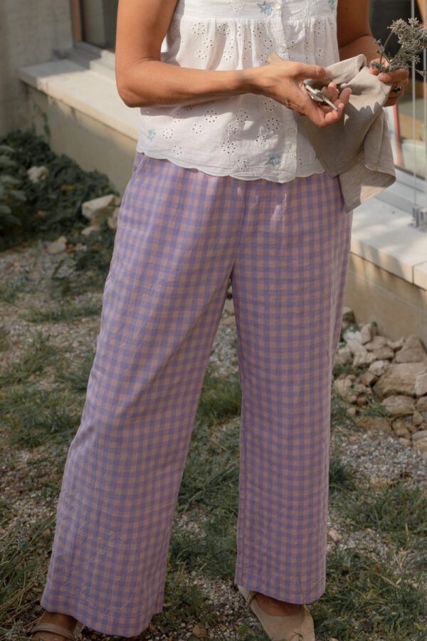 Zoe Textured Cotton Pants - Gingham Lilac